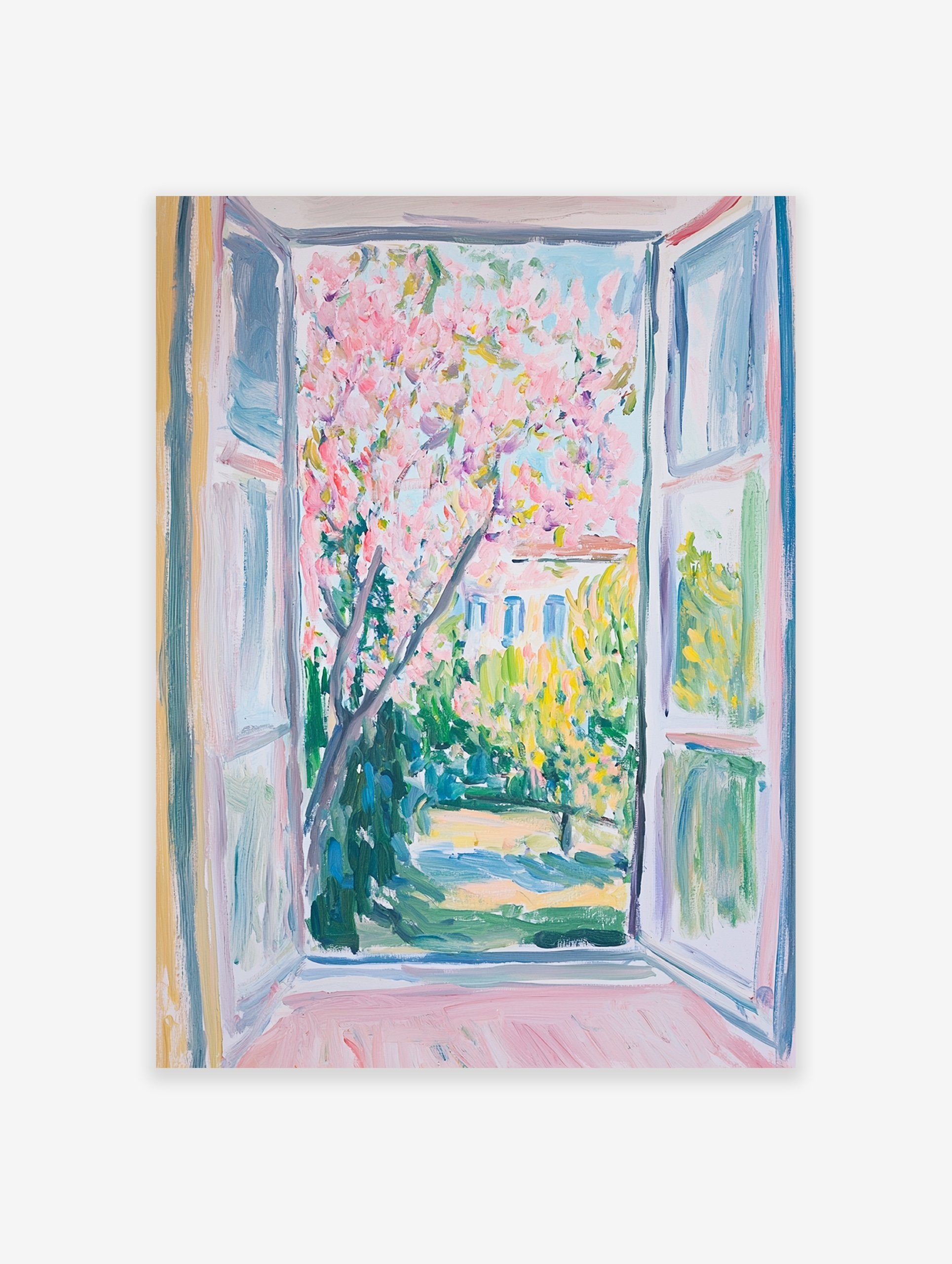 Impressionist Window View Poster showing a vibrant pink blossom tree in a lush green garden with a building in the background.
