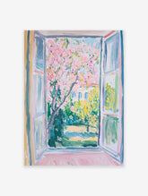 Impressionist Window View Poster showing a vibrant pink blossom tree in a lush green garden with a building in the background.