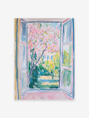 Impressionist Window View Poster showing a vibrant pink blossom tree in a lush green garden with a building in the background.