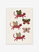 Red cats with butterfly wings and butterflies, illustrative wall art on cream background