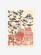 Illustrative winter birds wall art with sparrows on branches and patterned red mittens against a light background.