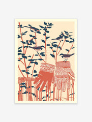 Illustrative winter birds wall art with sparrows on branches and patterned red mittens against a light background.