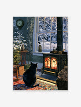 Illustration of a black cat sitting on a rug facing a lit wood stove with a snowy winter forest scene outside the window