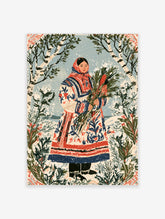 Folk art print of a woman in red headscarf holding birch branches among snow-covered trees