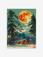 Illustrative print of a vibrant full moon over a snow-covered log cabin and tall pine trees at night
