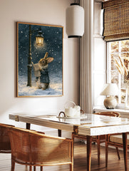 Watercolor illustration of a brown rabbit in a blue coat reading a newspaper under a lit streetlamp, in a styled room mockup