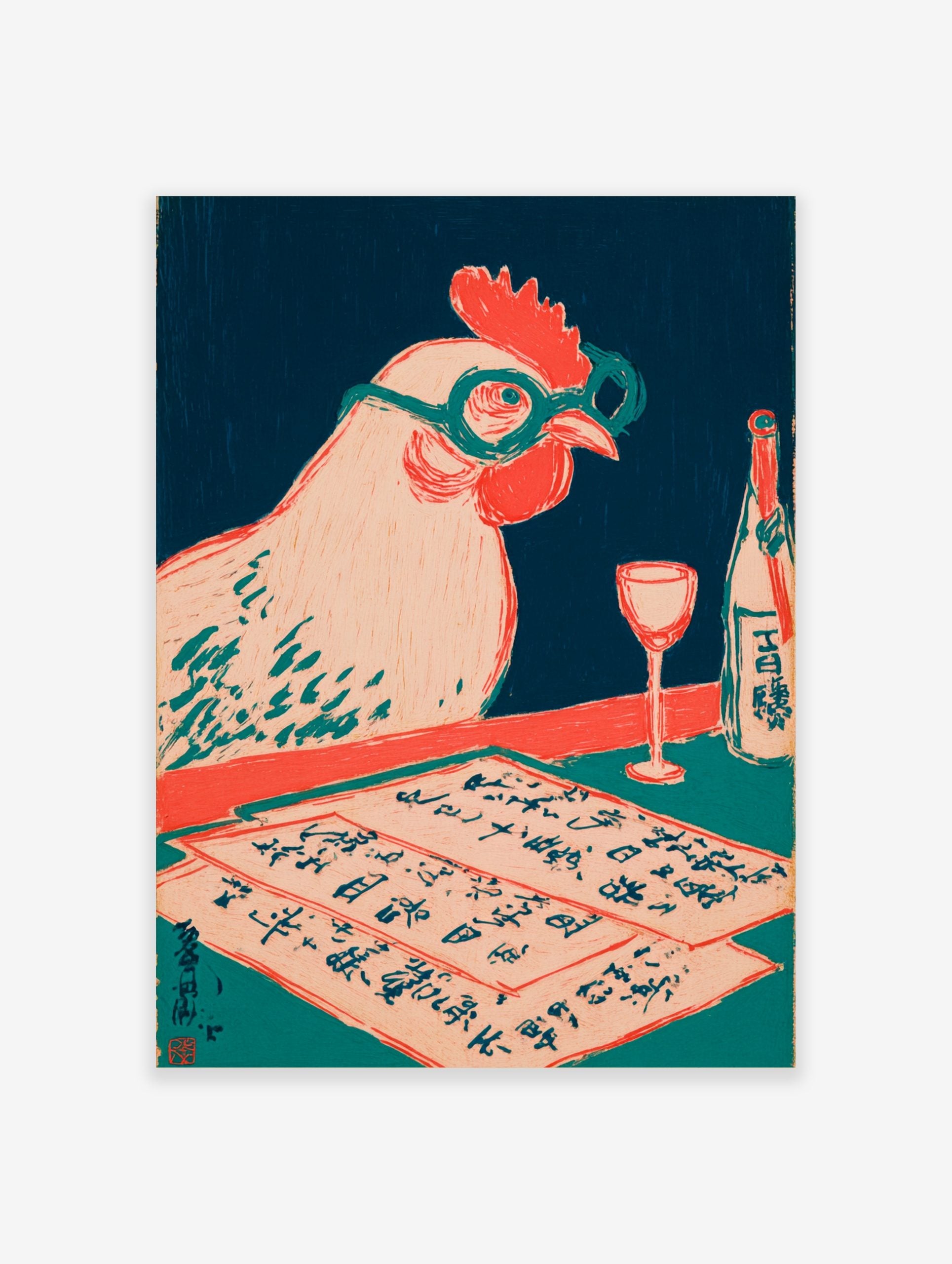 Illustrative print of a chicken with glasses, wine bottle, glass, and Japanese script on a table with a blue background
