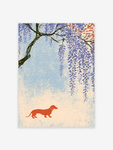 Red dachshund dog under hanging blue wisteria branches on a textured cream and blue background