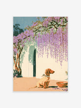 Wisteria dog art print with golden dog, purple flowers, white wall and dark arch