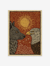 Wolf and Eagle poster with a red sun background and golden rays, featuring a black wolf and white-headed eagle.