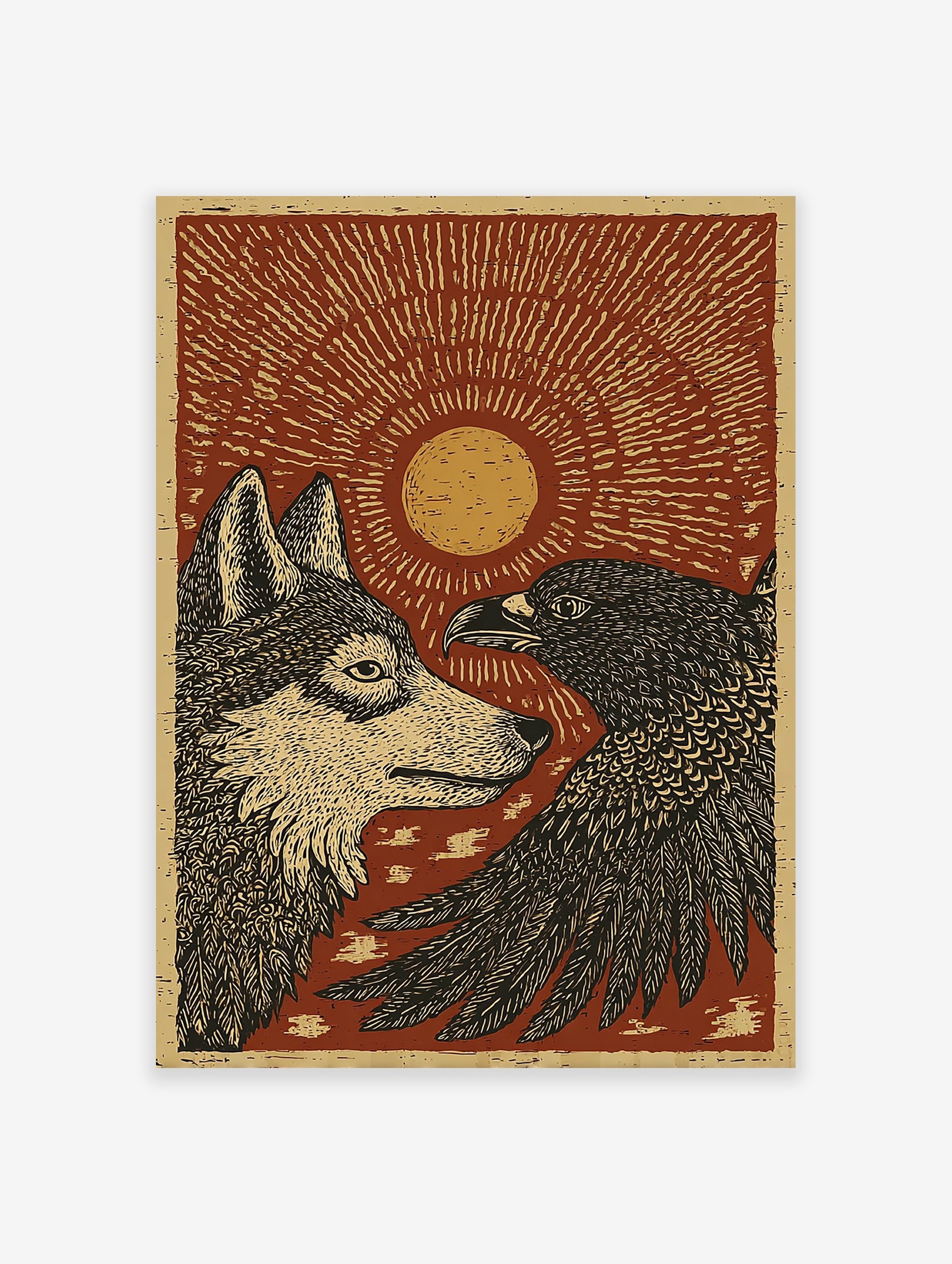 Wolf and Eagle poster with a sun in a rustic woodcut illustration style, featuring earthy red, gold, and black.