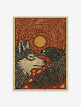 Wolf and Eagle poster with a sun in a rustic woodcut illustration style, featuring earthy red, gold, and black.