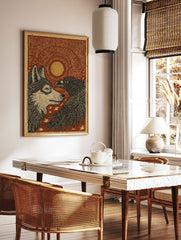Wolf and Eagle poster with a sun in a rustic woodcut illustration style, featuring earthy red, gold, and black. - Image 2