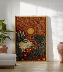 Wolf and Eagle poster with a sun in a rustic woodcut illustration style, featuring earthy red, gold, and black. - Image 3
