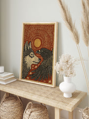 Wolf and Eagle poster with a sun in a rustic woodcut illustration style, featuring earthy red, gold, and black. - Image 4