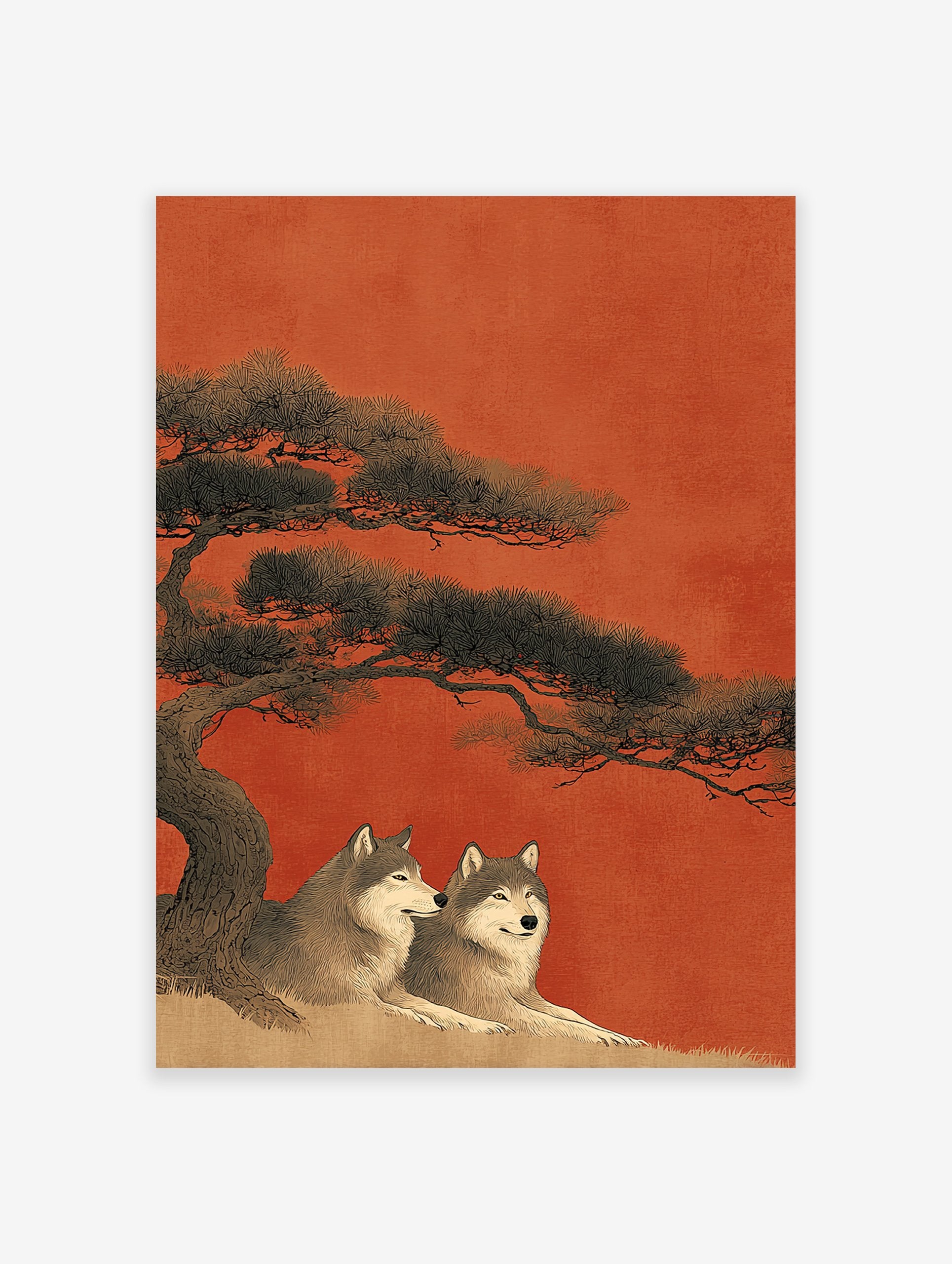 Japanese wolf art print with two grey wolves resting under a large pine tree against an orange-red background, ukiyo-e style.