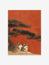 Japanese wolf art print with two grey wolves resting under a large pine tree against an orange-red background, ukiyo-e style.