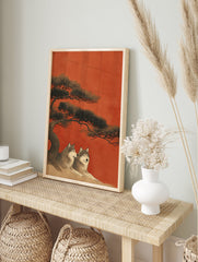 Japanese wolf art print with two grey wolves resting under a large pine tree against an orange-red background, ukiyo-e style. - Image 3