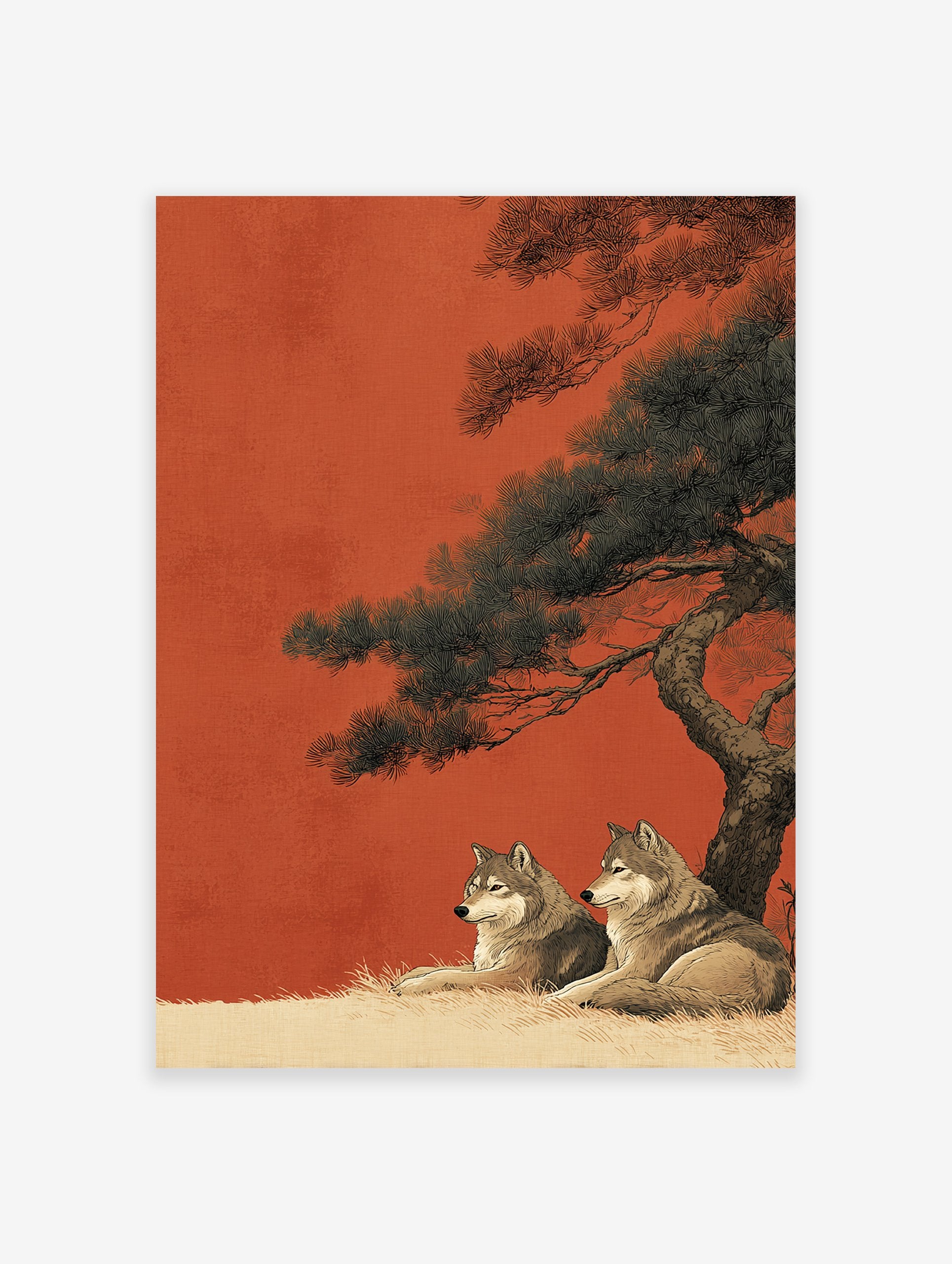 Japanese style wolf art print with two gray wolves under a pine tree against a rust orange background, illustrating wildlife.