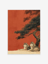 Japanese style wolf art print with two gray wolves under a pine tree against a rust orange background, illustrating wildlife.