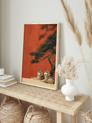 Japanese style wolf art print with two gray wolves under a pine tree against a rust orange background, illustrating wildlife. - Image 3