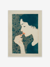 Stylized illustration of a woman applying lipstick with a teal patterned background, in an art print.