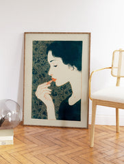 Stylized illustration of a woman applying lipstick with a teal patterned background, in an art print. - Image 2