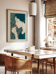 Stylized illustration of a woman applying lipstick with a teal patterned background, in an art print. - Image 3