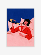 Stylised woman in red robe pouring champagne in bed, deep blue background, pink bedding, modern illustration