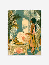 Illustrative art print of a woman seated by a wicker table with teapot and pastries, palm shadows behind