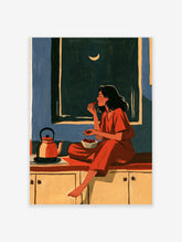 Woman in red eating cherries on a kitchen counter with a red kettle and crescent moon in the window