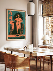 Retro style art print of a woman in sunglasses eating sushi with chopsticks and Japanese text on a, in a styled room mockup