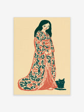 Woman in floral kimono with black cat, red and green pattern on beige background, illustrative art print