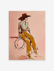 Illustrative print of woman in wide hat and ochre trousers against a pink background