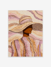 Pointillist art print of a woman in a wide-brimmed hat, rendered in brown, orange, and pink dots