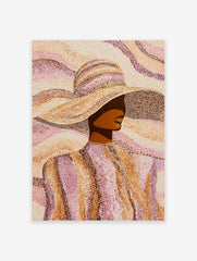 Pointillist art print of a woman in a wide-brimmed hat, rendered in brown, orange, and pink dots