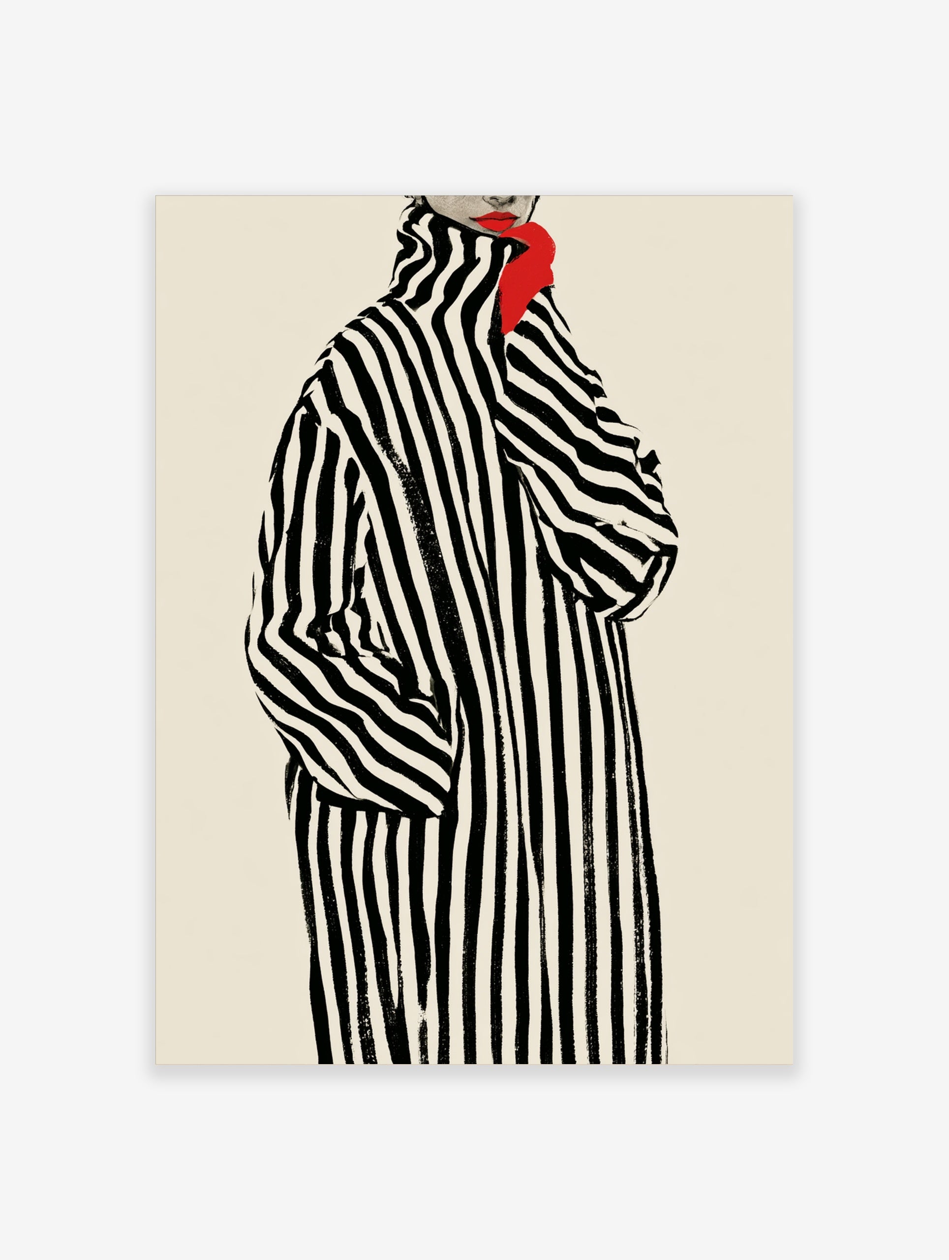 Fashion illustration of a woman in a black and white striped coat with red lips and a bright red neck accessory