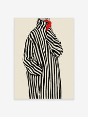 Fashion illustration of a woman in a black and white striped coat with red lips and a bright red neck accessory