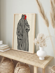 Fashion illustration of a woman in a black and white striped coat with red lips and a bright, in an alternate framed mockup