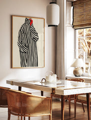 Fashion illustration of a woman in a black and white striped coat with red lips and a bright red, in a styled room mockup