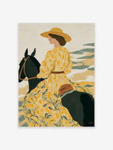 Illustrative art print of a woman in a yellow floral dress and hat riding a dark horse, looking right