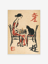 Woman in red dress playing chess with black cat, oriental illustration print on beige background