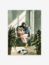 Watercolour woman reading book poster with cat, plants, and window light