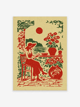 Illustrative print of a woman in a hat reading by the sea with red sun and potted flowers in red and green