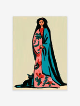 Woman with cat wall art, stylised figure in pink and teal robes with red flowers, black cat at feet, cream background