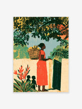 Woman in orange dress with fruit basket on wall, children silhouettes and tropical leaves