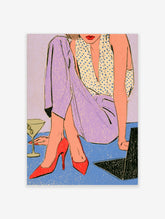 Retro illustration of a woman in lilac suit and red heels seated with a martini glass and laptop