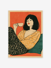 Illustrative art print of a woman with a tea cup in an orange and teal retro style, unframed wall art