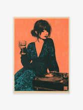 Illustrative art print of a woman holding a wine glass next to a record player in teal and orange colours