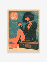 Illustrative portrait wall art of a woman holding wine and sitting on a record player against an orange sun and teal